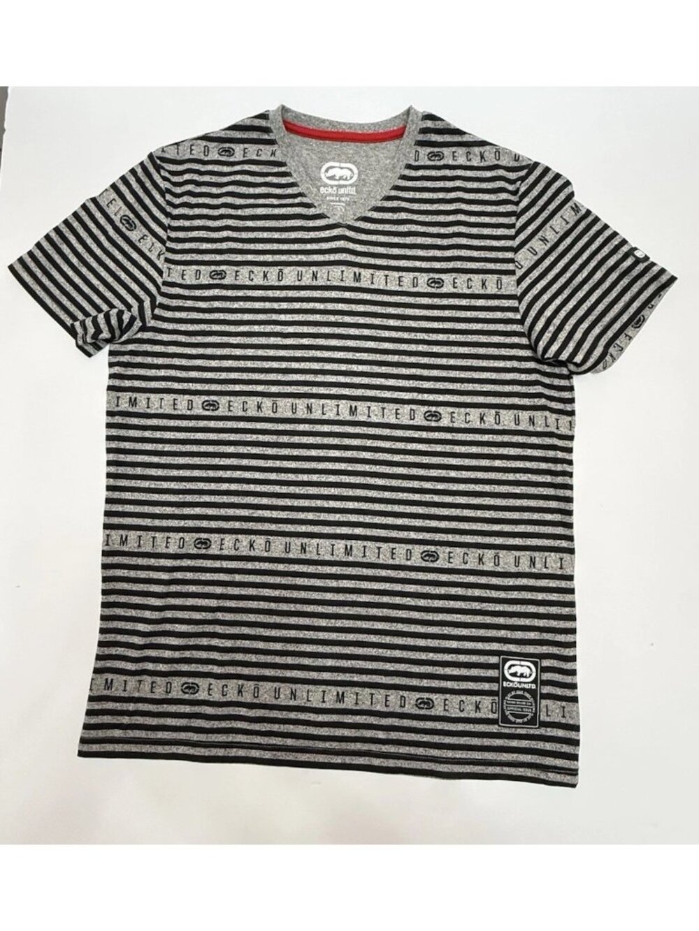 Ecko Unltd Men’s Medium Striped Graphic T-Shirt Gray Black Short Sleeve Tee